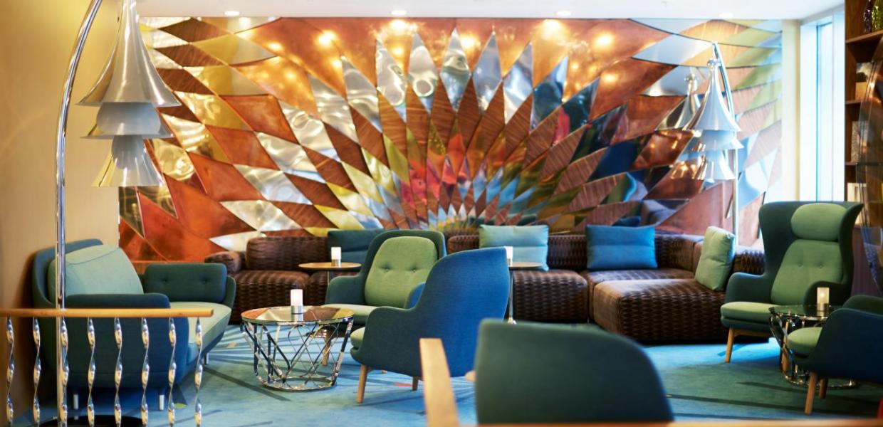 The colourful lobby at the Tivoli Hotel in Copenhagen