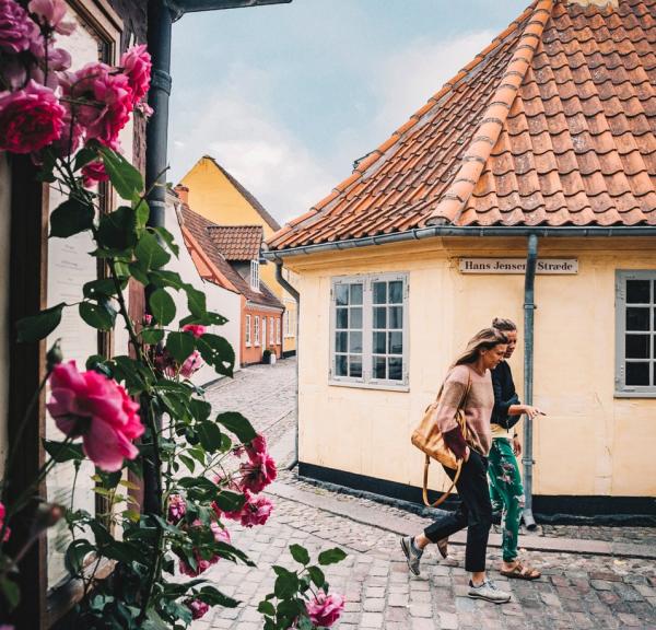 Women walking in old town of Odense on Fyn