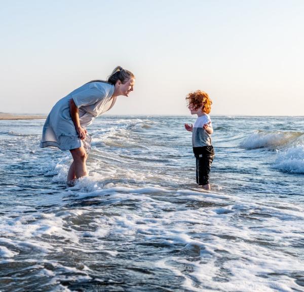 Mother and son at the beach in Blockhus